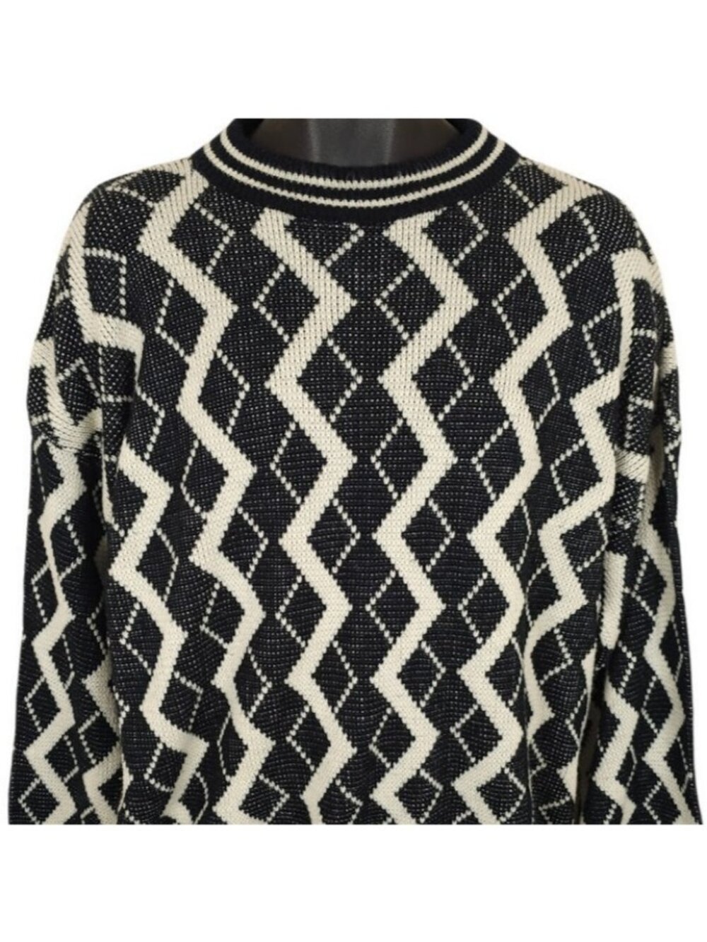 Vintage Zig Zag Geometric Sweater Mens Size XL Black White 80s  Made In Korea